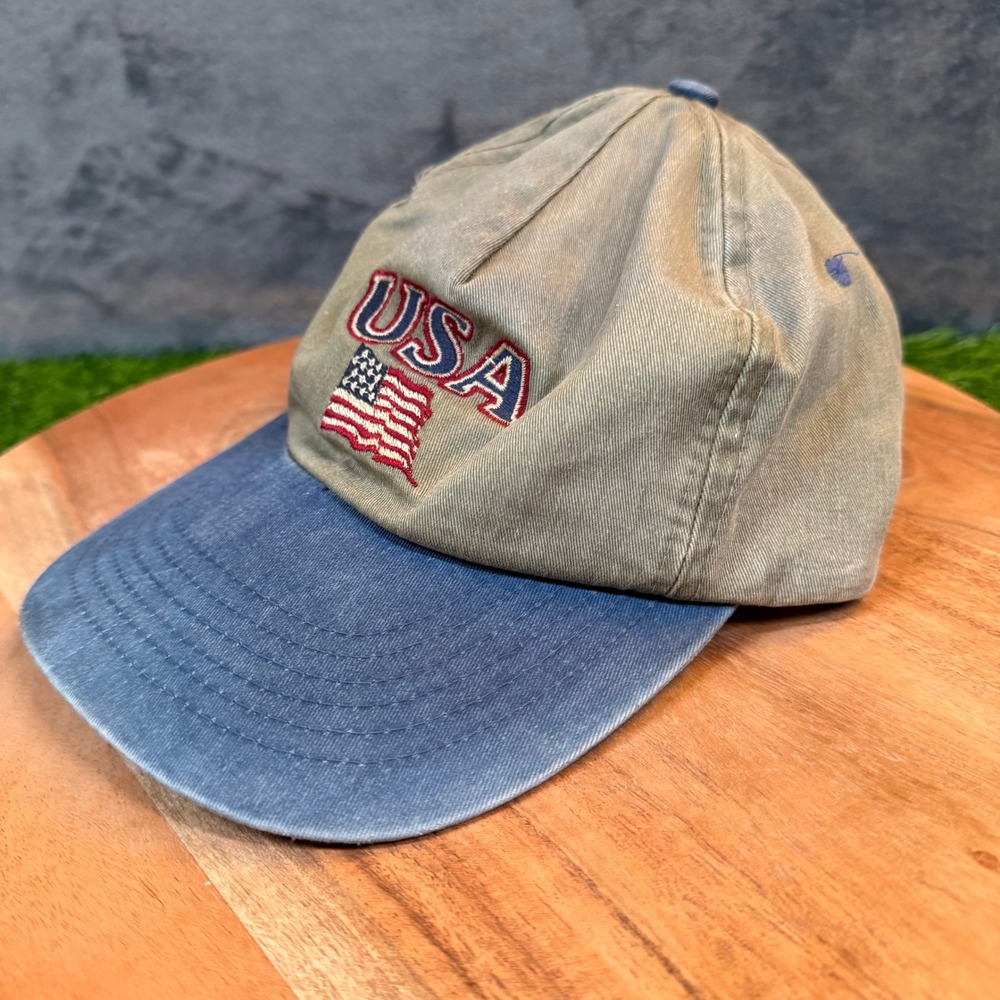 Hoxer Headwear USA Flag Baseball Cap Khaki Blue Adjustable Strapback Hat Mens